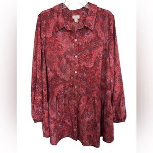 Logo by Lori Goldstein Red/Purple Abstract Lagenlook Peplum Hem Tunic 1X